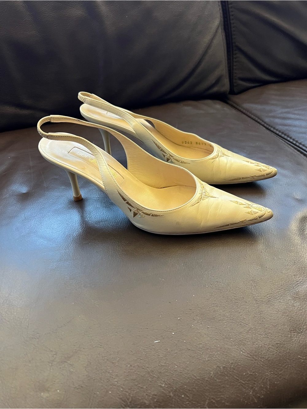 Sergio Rossi Italian Cream Leather Gold Embroidered Pointed Slingback Heels 37